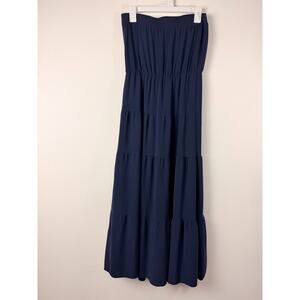 Navy Strapless Maxi Dress Tiered Bandeau Coastal Resort Festival Cottage Size L